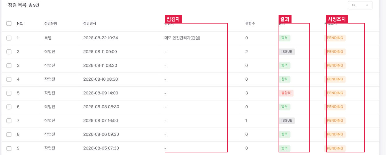 점검 목록 표: 점검일시·결과·시정조치 컬럼