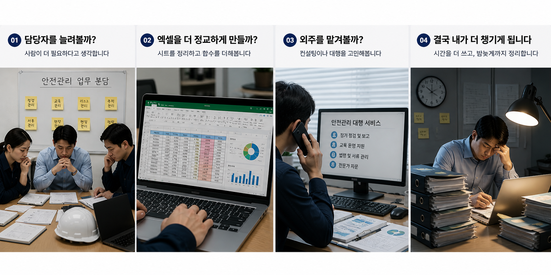 안전관리 잘못된 시도 4가지 — 담당자 늘리기, 엑셀 정교화, 외주, 결국 혼자 챙기기