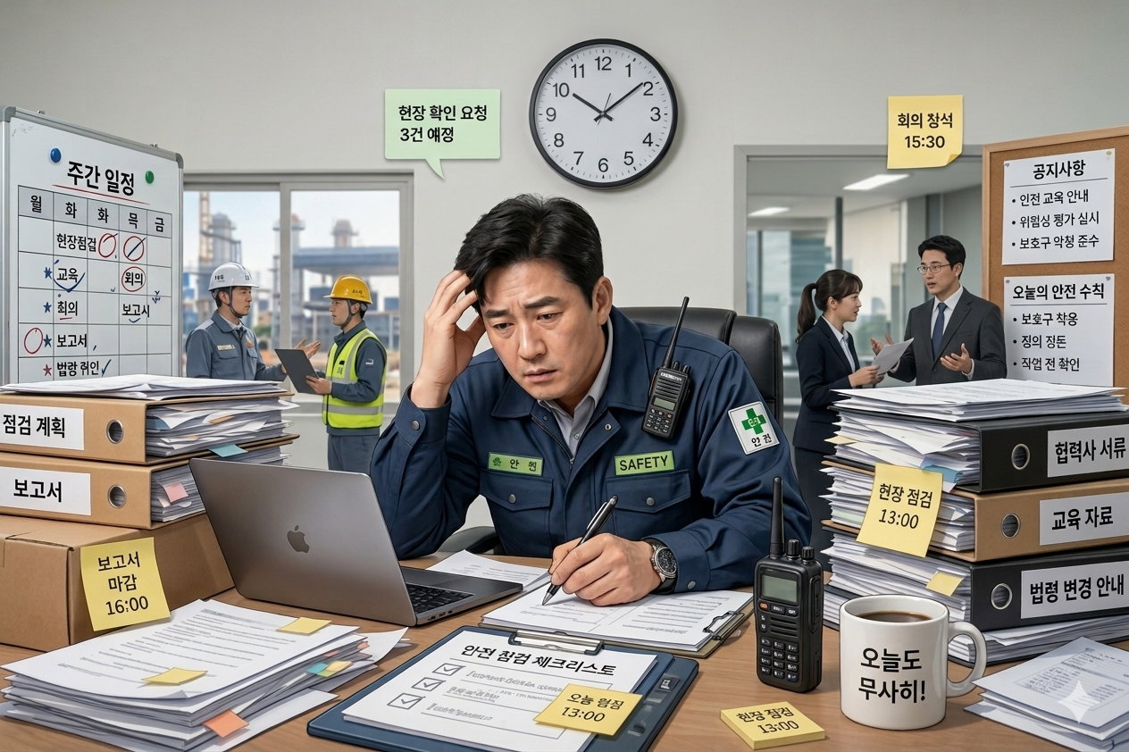 안전관리자가 쌓인 서류와 엑셀 화면 앞에서 지쳐있는 모습